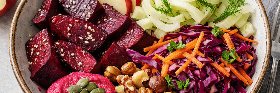 Bunte Bowl mit Rote Beete, Apfel, Fenchel und Nüssen